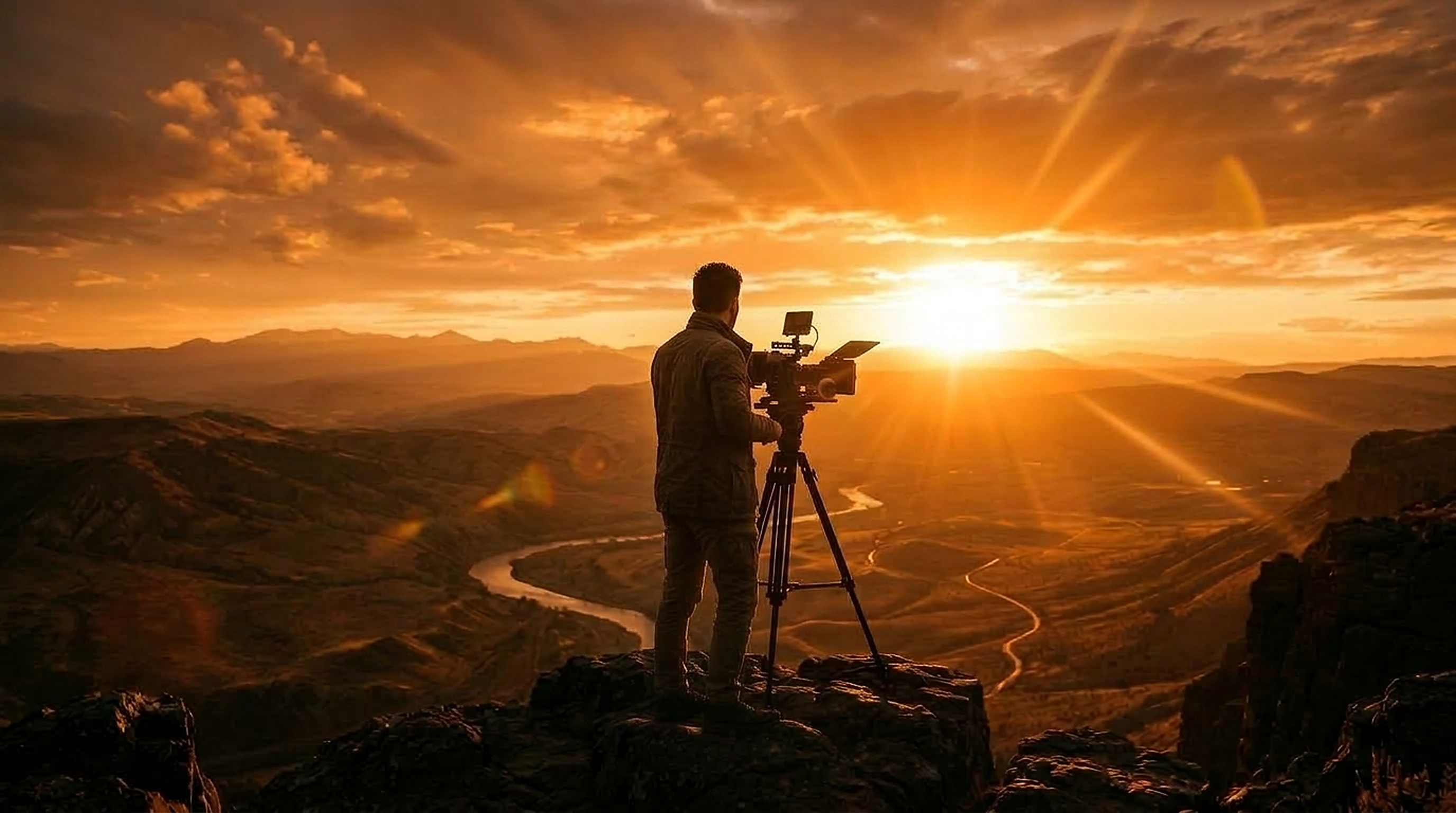 Cinematic golden hour filmmaking silhouette